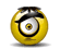 Yellow spherical icon with black top section and white circular center, displaying sequential animation of mouth opening/closing and red tongue movement.