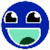 Blue circular face with wide eyes and a large open mouth showing green tongue-like shape inside.