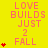 Yellow background with repeated pink text 'LOVE BUILDS JUST 2 FALL' and red heart symbols in a pattern, some hearts animate to show more hearts