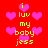 Red background with pink heart shapes and yellow text reading 'i luv my baby jess' repeated in a pattern