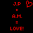Red pixelated text and symbols on black background: 'J.P' above a heart, plus 'A.M.', equals 'LOVE!' with identical left and right sides.