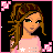 Pixel art contact sheet showing a female character in pink and blue with star details across six frames, including full-body views, close-ups of clothing, and text display.