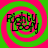 Four identical display a pixelated text logo with green and pink spiral backgrounds, each showing the same static image