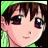 Pixelated anime-style character face with brown hair and purple eyes, next to stylized text on black background.