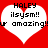 Two white heart shapes on a red background with black pixelated text reading 'HALEY', 'ilsysm!!', and 'ur amazing!'