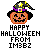 Pixel art pumpkin wearing a witch hat with star and purple band, displaying multiple text color variations of 'HAPPY HALLOWEEN FROM IM3B2' below.