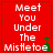 Red background with white text reading "Meet You Under The Mistletoe" and green pixelated mistletoe symbols, framed by a dotted border.