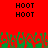 Red background with four black 'HOOT' text blocks and green pixelated grass-like shapes at the bottom.