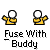 Pixelated character with white head and yellow body in multiple poses above text reading 'Fuse With Buddy' on gray background.