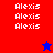 Pixelated text 'Alexis' repeated across four colored quadrants with a blue star in the red quadrant and a red star in the blue quadrant.