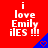 Red background with white text reading "i love Emily iLES !!!" and blue triangular shapes containing red heart symbols.