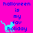 Pixelated blue text on bright pink background reads 'halloween is my fav holiday' with a light blue cat icon, two versions show different vertical alignment of the cat.