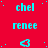 Red background with cyan text and symbols; four of repeated names 'chel' and 'renee', each name paired with a small arrow symbol, all in a