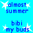 Blue background with white starbursts and blue pixelated text reading 'almost summer', 'bibi my buds' in a