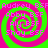 Four identical spiral patterns with alternating bright green and pink stripes, each containing repeated text in pixelated font.