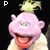 A pink puppet-like character with green eyes and a light-colored shirt, shown in six with varying mouth positions and labeled letters above each