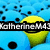 Pixelated blue background with scattered black dots, a yellow and green gradient shape resembling a stylized head, and a black bar with white text reading 'KatherineM41' across the middle.