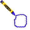 Yellow crayon with blue tip draws a square outline, then adds facial features to form a smiling face.