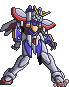Two pixel-art mecha figures in blue, white, red, and yellow stand side-by-side against a gray background with one figure holding a weapon.