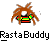 Pixelated buddy icon featuring a cartoon character with brown dreadlocks and a Rastafarian-themed outfit, below which is the text "RastaBuddy" in pixelated font on gray background.
