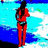 Pixelated figure in red outfit with black accents stands against blue and white background, arms crossed, head turned left.