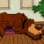 Brown dog lies on wooden floor with head resting on a light brown object, purple and pink items visible beneath its body, green foliage in background.