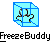 Pixelated graphic shows a blue-bordered light blue square with a black and gray abstract shape inside, below which is bold black text reading "FreezeBuddy" on a gray background.