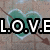 Pixelated heart-shaped icon with teal and light blue gradient, overlaid by bold black-and-white text reading "LOVE" on a muted brown background.
