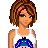 Pixel art character with brown curly hair and green eyes, wearing a white tank top over blue shorts with red crosses.