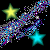 Animated contact sheet showing two frames of a pixelated star and comet animation with yellow, cyan, purple, blue, white, and gray colors on black background.