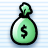 Pixelated green money bag icon with black dollar sign on front, tied top, and light blue striped background.