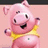 Pink pig character with yellow shirt and black eyes, smiling with arms raised against light pink background, next to pixelated text asking 'Which way to the 9th Annual Pig Roast?'