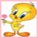 A split-frame contact sheet showing two animated frames of a cartoon bird character holding a flower on the left and pixelated text on a black background on the right.