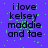 Purple background with green pixelated noise and black text reading "i love kelsey maddie and tae" in a