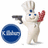 Pixelated character in chef attire holding a dark object, standing beside a blue circular emblem with white text.