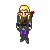 Pixel art character with blonde hair and white eye coverings, wearing dark green outfit with purple accents, holding red-tipped bow in multiple poses.