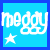 Two side-by-side pixelated blue display "meggy" text with a star on the left , transitioning to a cleaner version of the same design on the right