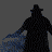 Silhouette of a figure in a wide-brimmed hat and long coat with arms extended, set against shifting light blue and gray backgrounds.