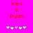 Pixelated red text 'Kori & Ryan' on bright pink background with five white and one light purple heart symbols below.