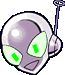Two side-by-side cartoon alien heads with purple bodies, white helmets, green eyes, and antennae; left head has straight eyes, right head has curved eyes.