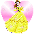Pixelated character in yellow gown with pink heart background, showing slight pose variation across frames.