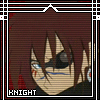 Pixelated anime-style character with brown hair and black eye patch, static image with 'KNIGHT' text below, framed by white border on dark background.