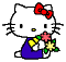Pixelated Hello Kitty character in two animated frames holding a star bouquet with purple dress and red bow on gray background