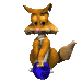 Animated fox avatar with brown fur, pink nose, and blue ball prop, showing sequential pose changes across three