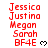 Red text lists names and BF4E with heart symbols on white background, showing repeated patterns across multiple