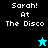 Pixelated text 'Sarah! At The Disco' on split black and cyan backgrounds with a cyan star icon above a black star icon.