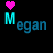 Animated pixel art displays the name 'Megan' with a pink heart above, cycling through letter variations in cyan and blue text on black background.