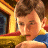 A pixelated close-up of a person with brown hair wearing a blue shirt, holding a yellow and red object near a window with warm lighting.