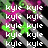 Pixelated static image with repeated white text 'kyle' over a multicolored background of green, pink, purple, and black hues.