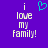 Purple background with white pixelated text reading 'i love my family!' and a cyan heart symbol above the left side of the text.